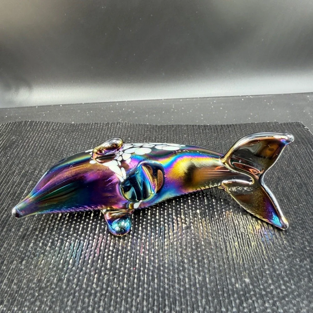 Pele of Hawaii Glass‎ Iridescent Dolphin Figurine Carnival Glass White Spotted